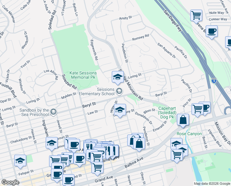 map of restaurants, bars, coffee shops, grocery stores, and more near 2150 Beryl Street in San Diego
