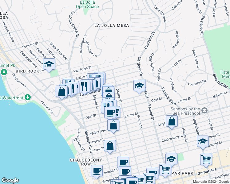 map of restaurants, bars, coffee shops, grocery stores, and more near 1103 Turquoise Street in San Diego