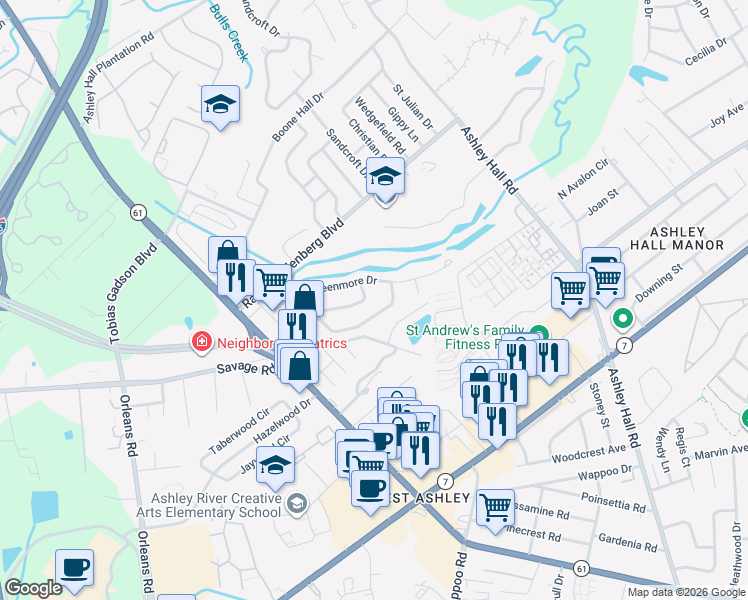 map of restaurants, bars, coffee shops, grocery stores, and more near 1833 Greenmore Drive in Charleston