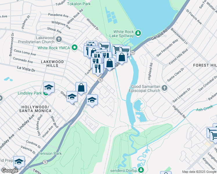 map of restaurants, bars, coffee shops, grocery stores, and more near 2510 Cherry Valley Boulevard in Dallas