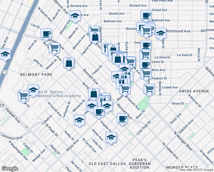 map of restaurants, bars, coffee shops, grocery stores, and more near 5019 Monarch Street in Dallas