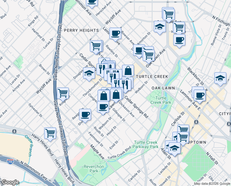 map of restaurants, bars, coffee shops, grocery stores, and more near 4119 Entrada Way in Dallas