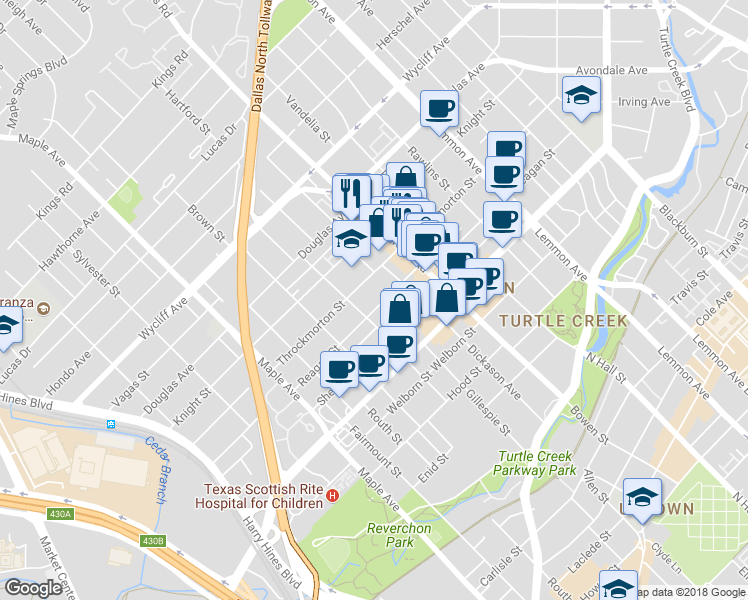 map of restaurants, bars, coffee shops, grocery stores, and more near 2816 Throckmorton Street in Dallas