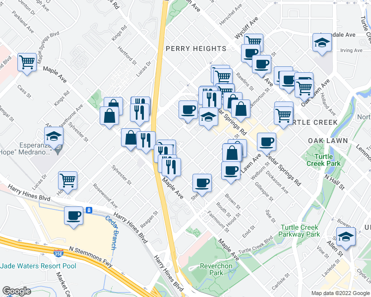 map of restaurants, bars, coffee shops, grocery stores, and more near 4275 Boyer Place in Dallas