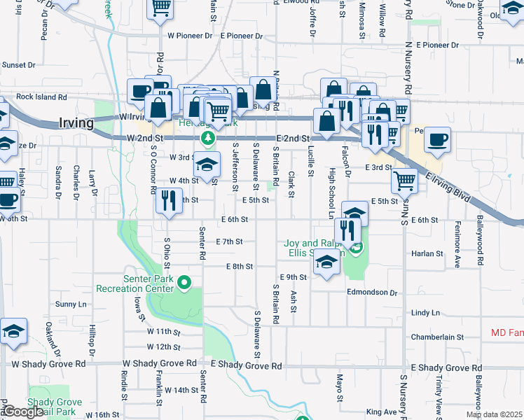 map of restaurants, bars, coffee shops, grocery stores, and more near 309 East 5th Street in Irving