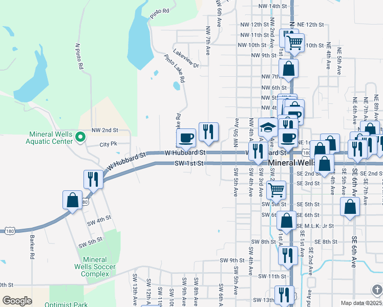 map of restaurants, bars, coffee shops, grocery stores, and more near 814 West Hubbard Street in Mineral Wells