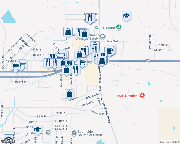 map of restaurants, bars, coffee shops, grocery stores, and more near 120 Garrett Morris Parkway in Mineral Wells