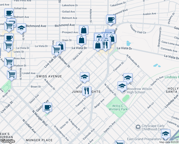 map of restaurants, bars, coffee shops, grocery stores, and more near 716 North Glasgow Drive in Dallas