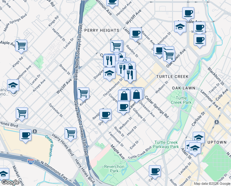 map of restaurants, bars, coffee shops, grocery stores, and more near 2815 Reagan Street in Dallas