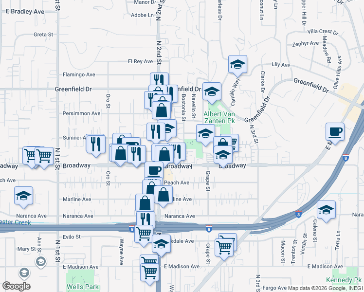 map of restaurants, bars, coffee shops, grocery stores, and more near 1082 Bostonia Street in El Cajon