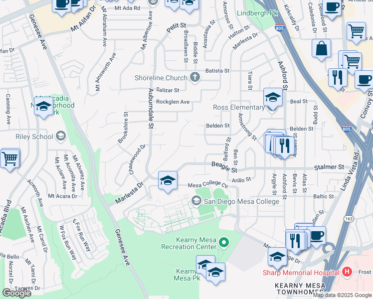 map of restaurants, bars, coffee shops, grocery stores, and more near 7029 Hilton Place in San Diego