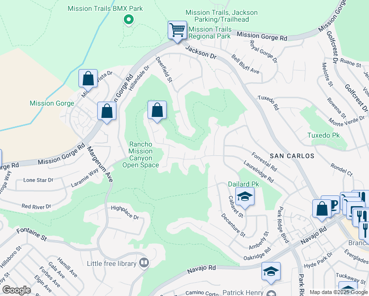 map of restaurants, bars, coffee shops, grocery stores, and more near 6790 Mountain Top Court in San Diego