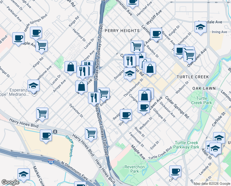 map of restaurants, bars, coffee shops, grocery stores, and more near 2722 Knight Street in Dallas