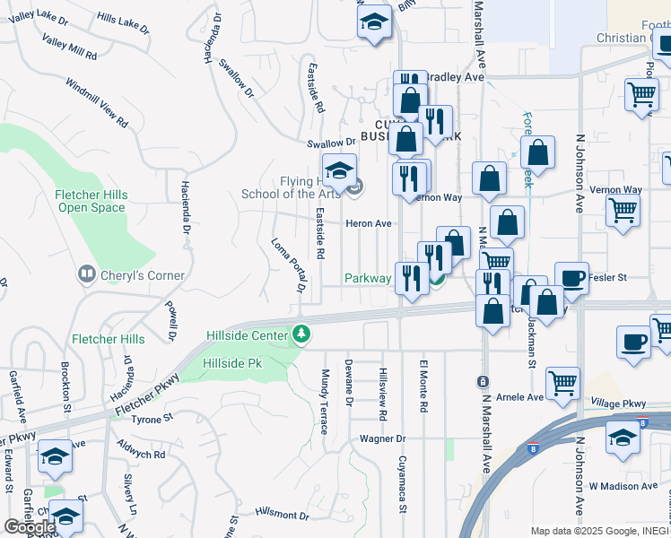 map of restaurants, bars, coffee shops, grocery stores, and more near 1046 Finch Street in El Cajon