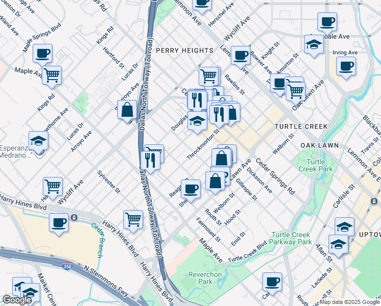 map of restaurants, bars, coffee shops, grocery stores, and more near 2727 Throckmorton Street in Dallas