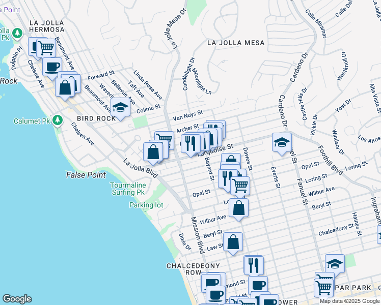map of restaurants, bars, coffee shops, grocery stores, and more near 873 Agate Street in San Diego
