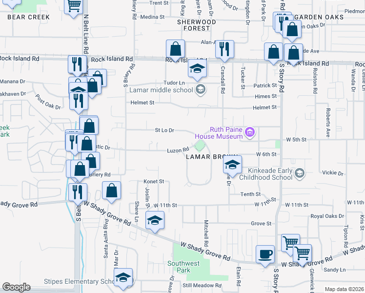 map of restaurants, bars, coffee shops, grocery stores, and more near 3013 Luzon Road in Irving