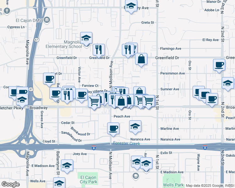 map of restaurants, bars, coffee shops, grocery stores, and more near 1005 North Mollison Avenue in El Cajon