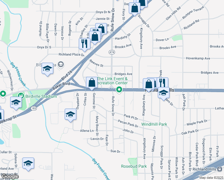 map of restaurants, bars, coffee shops, grocery stores, and more near Baker Blvd & Rufe Snow Dr in Richland Hills