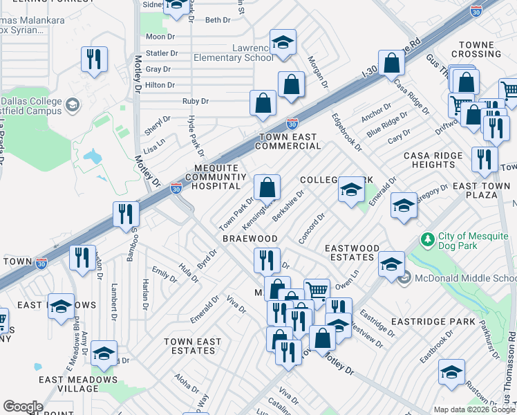 map of restaurants, bars, coffee shops, grocery stores, and more near 3315 Kensington Drive in Mesquite