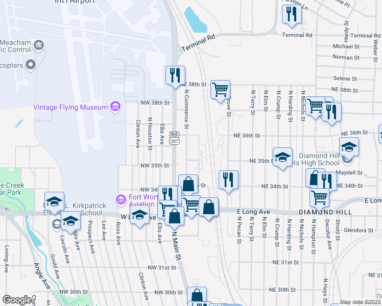 map of restaurants, bars, coffee shops, grocery stores, and more near 207 Northeast 35th Street in Fort Worth
