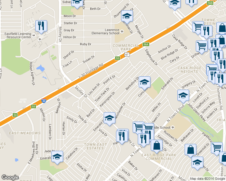 map of restaurants, bars, coffee shops, grocery stores, and more near 3315 Kensington Drive in Mesquite