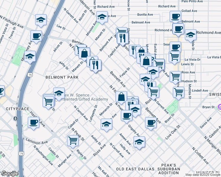 map of restaurants, bars, coffee shops, grocery stores, and more near 2021 North Fitzhugh Avenue in Dallas
