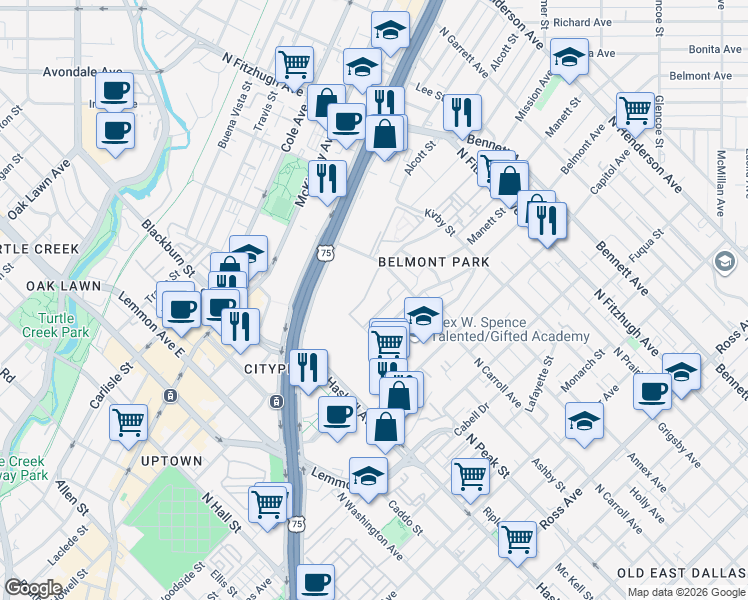 map of restaurants, bars, coffee shops, grocery stores, and more near 2781 North Carroll Avenue in Dallas