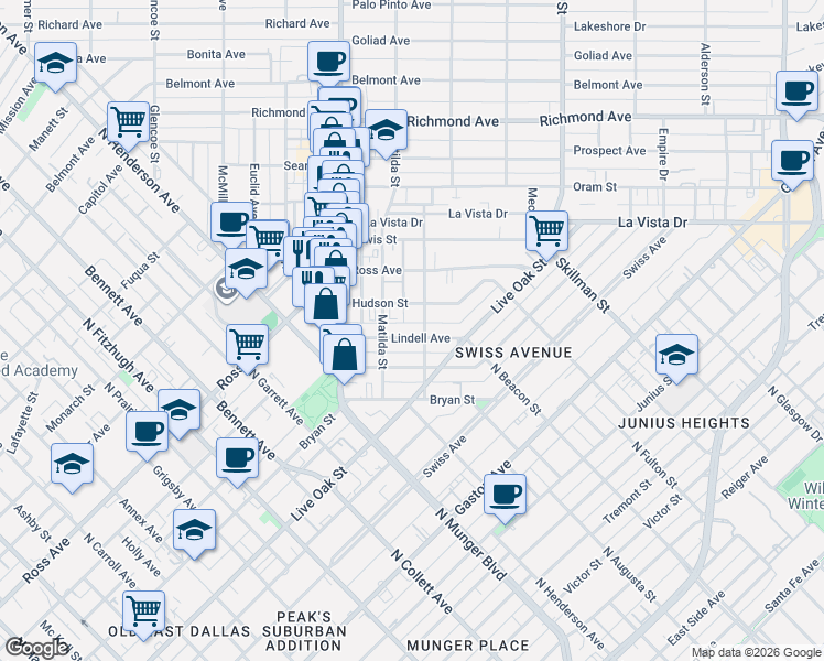 map of restaurants, bars, coffee shops, grocery stores, and more near 1509 Mary Street in Dallas