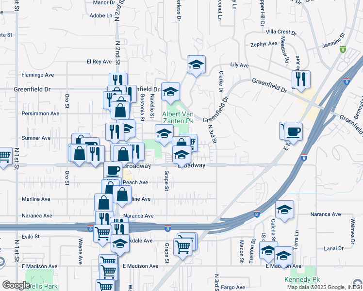 map of restaurants, bars, coffee shops, grocery stores, and more near 1050 Coleen Court in El Cajon