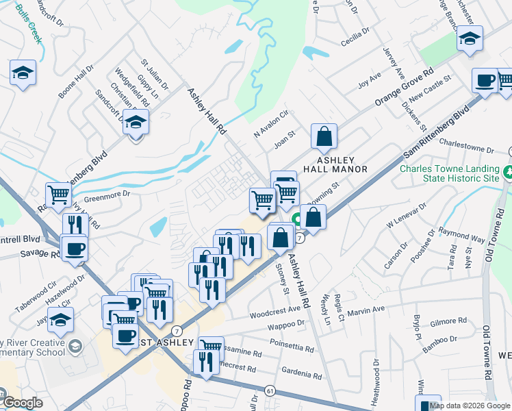 map of restaurants, bars, coffee shops, grocery stores, and more near 1721 Ashley Hall Road in Charleston