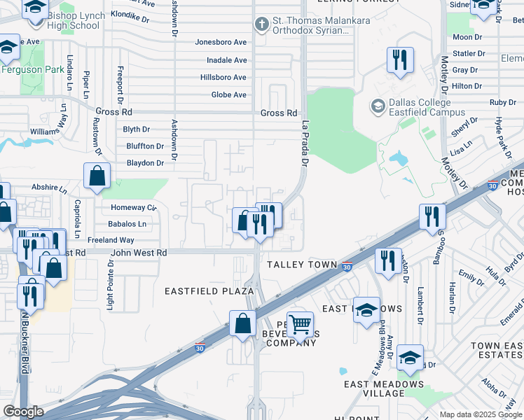 map of restaurants, bars, coffee shops, grocery stores, and more near 8383 La Prada Drive in Dallas