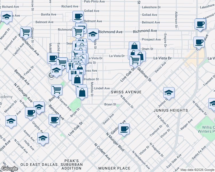 map of restaurants, bars, coffee shops, grocery stores, and more near 1514 Hubert Street in Dallas