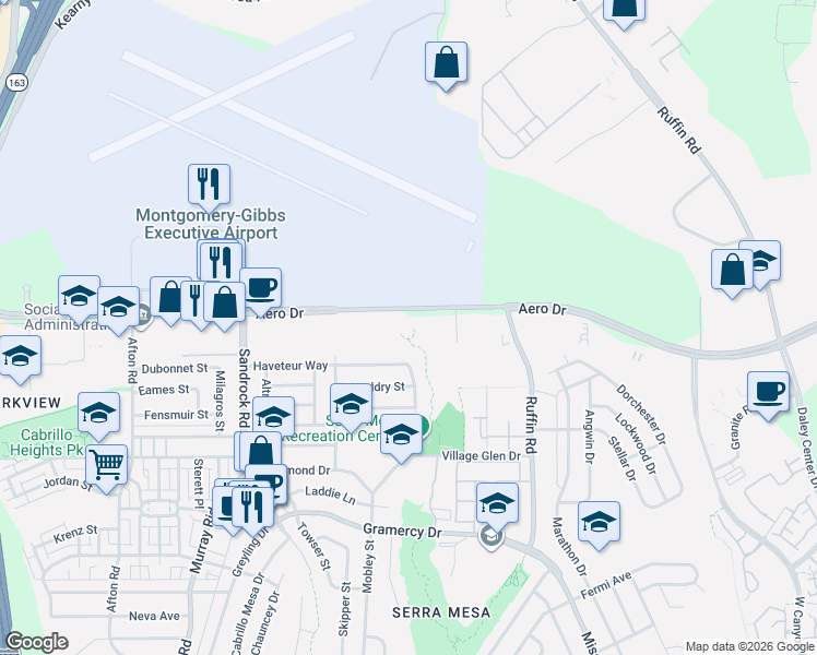 map of restaurants, bars, coffee shops, grocery stores, and more near 9005 Aero Drive in San Diego