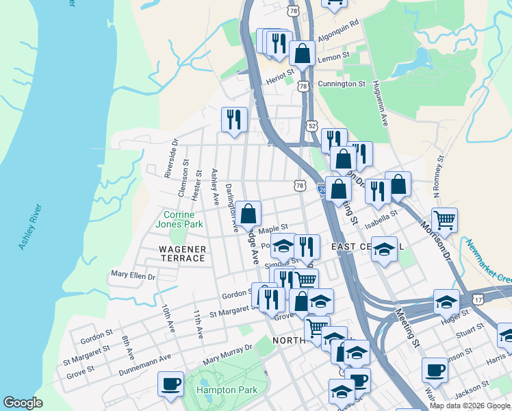 map of restaurants, bars, coffee shops, grocery stores, and more near 57 Peachtree Street in Charleston
