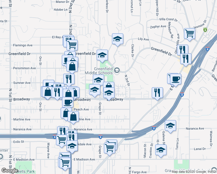 map of restaurants, bars, coffee shops, grocery stores, and more near 1050 Coleen Court in El Cajon
