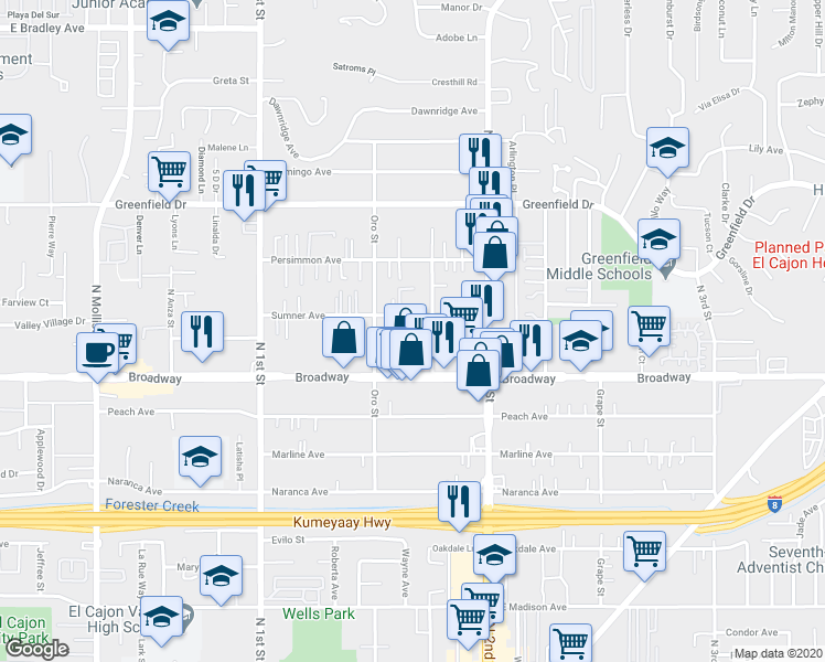 map of restaurants, bars, coffee shops, grocery stores, and more near 1245 Sumner Avenue in El Cajon