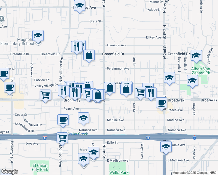map of restaurants, bars, coffee shops, grocery stores, and more near 1017 North 1st Street in El Cajon