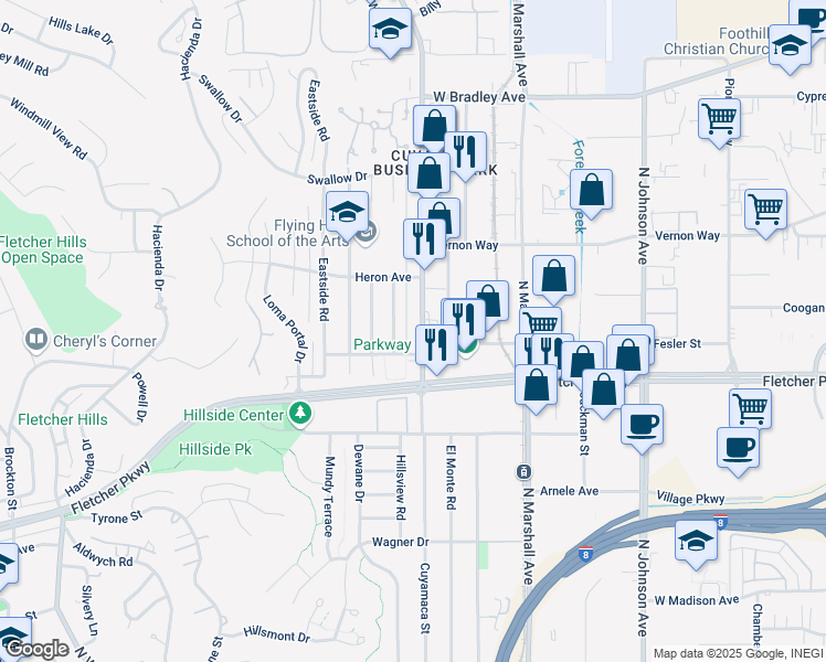 map of restaurants, bars, coffee shops, grocery stores, and more near 1077 Blackbird Street in El Cajon