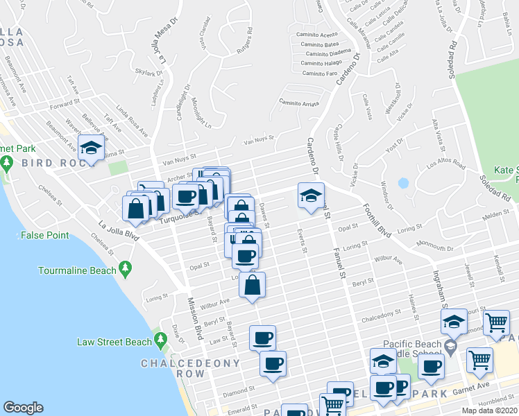 map of restaurants, bars, coffee shops, grocery stores, and more near 1103 Turquoise Street in San Diego
