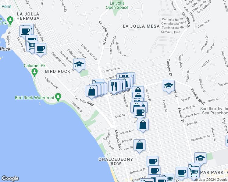 map of restaurants, bars, coffee shops, grocery stores, and more near 873 Agate Street in San Diego