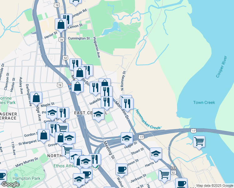 map of restaurants, bars, coffee shops, grocery stores, and more near 6 Huguenin Avenue in Charleston