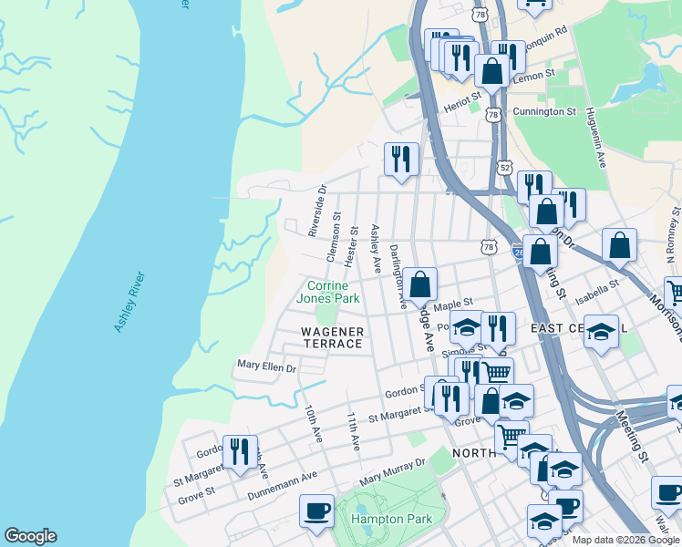 map of restaurants, bars, coffee shops, grocery stores, and more near 10 Clemson Street in Charleston