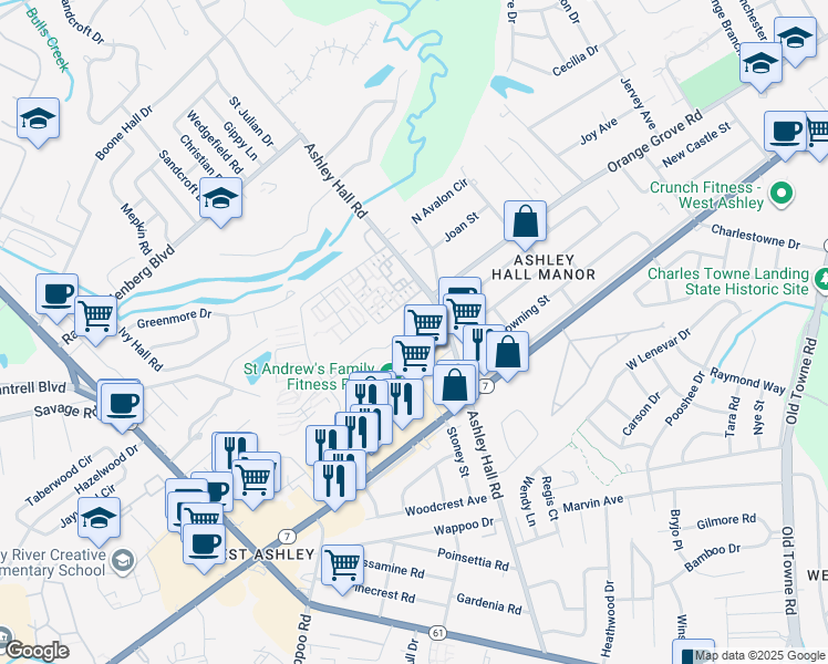 map of restaurants, bars, coffee shops, grocery stores, and more near 45 Cedarhurst Avenue in Charleston