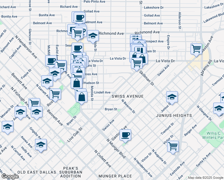 map of restaurants, bars, coffee shops, grocery stores, and more near 5619 Live Oak Street in Dallas