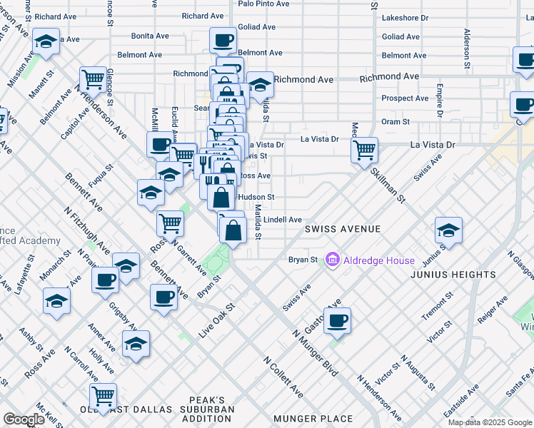 map of restaurants, bars, coffee shops, grocery stores, and more near 1509 Mary Street in Dallas
