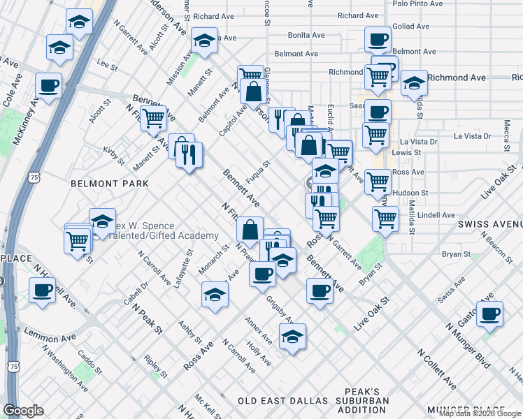 map of restaurants, bars, coffee shops, grocery stores, and more near 101 Chambers Street in Dallas