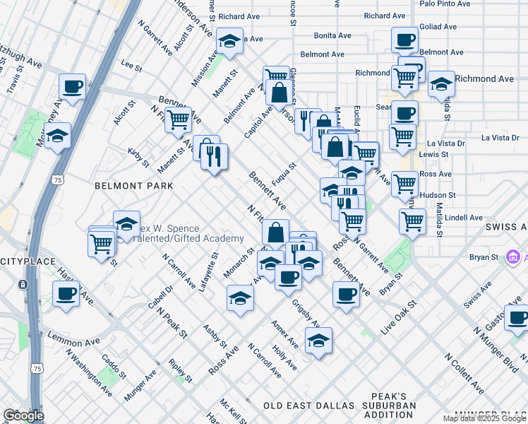 map of restaurants, bars, coffee shops, grocery stores, and more near 101 Chambers Street in Dallas