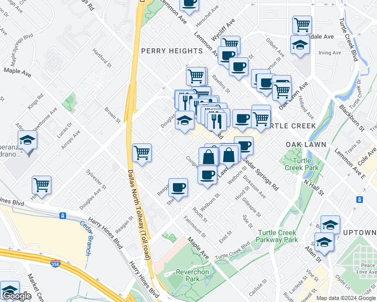 map of restaurants, bars, coffee shops, grocery stores, and more near 2816 Throckmorton Street in Dallas