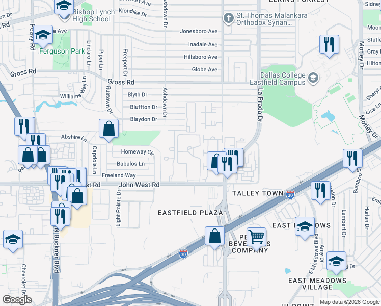 map of restaurants, bars, coffee shops, grocery stores, and more near 2605 John West Road in Dallas